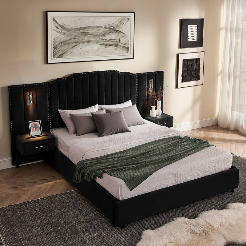Queen Size Upholstered Bed Frame with Velvet Fabric, Vertical Stripe Design with Buttons Around Platform Bed