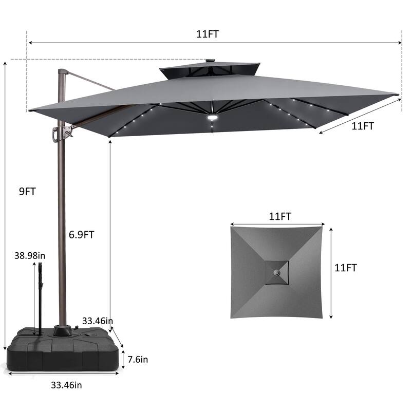 VredHom 11 FT Square Outdoor Patio Cantilever Umbrella Solar LED Lighted with Rod Base