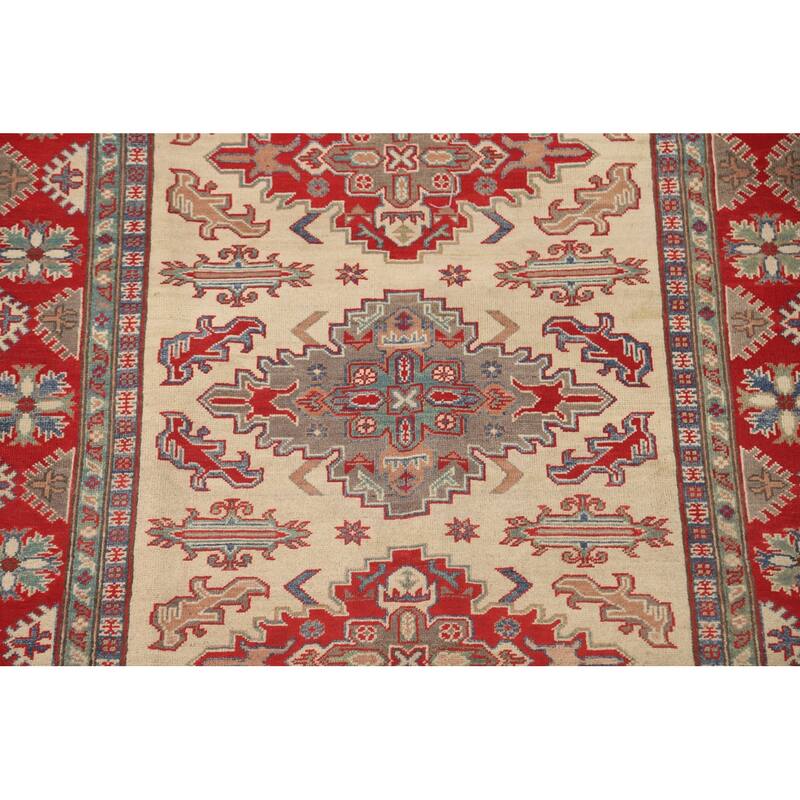 Geometric Kazak Area Rug Handmade Beige Wool Carpet - 4'10" x 6'6"