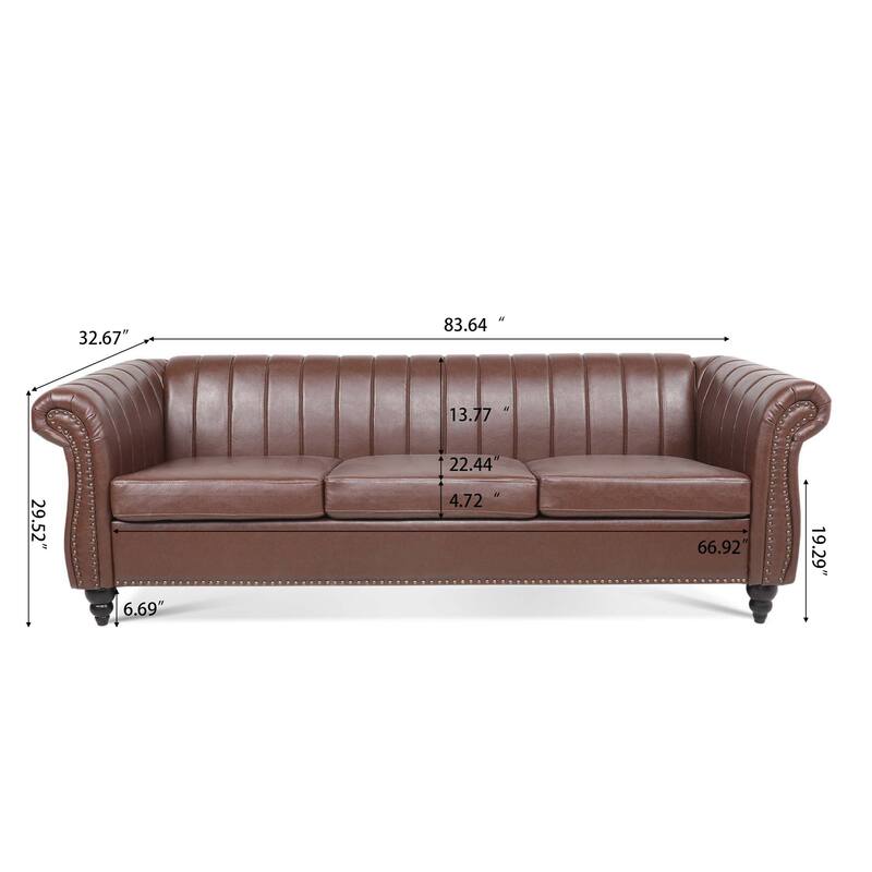 PU Rolled Arm Chesterfield Sofa 84" Three Seater Sofa for Living Room