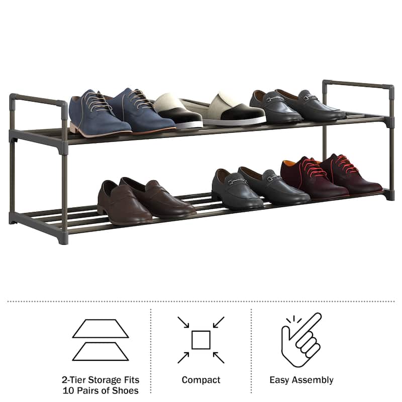 Shoe Rack - 2-Tier Shoe Organizer Shelf Holds 10 Pairs Sneakers, Heels, Boots by Home-Complete (Gray)