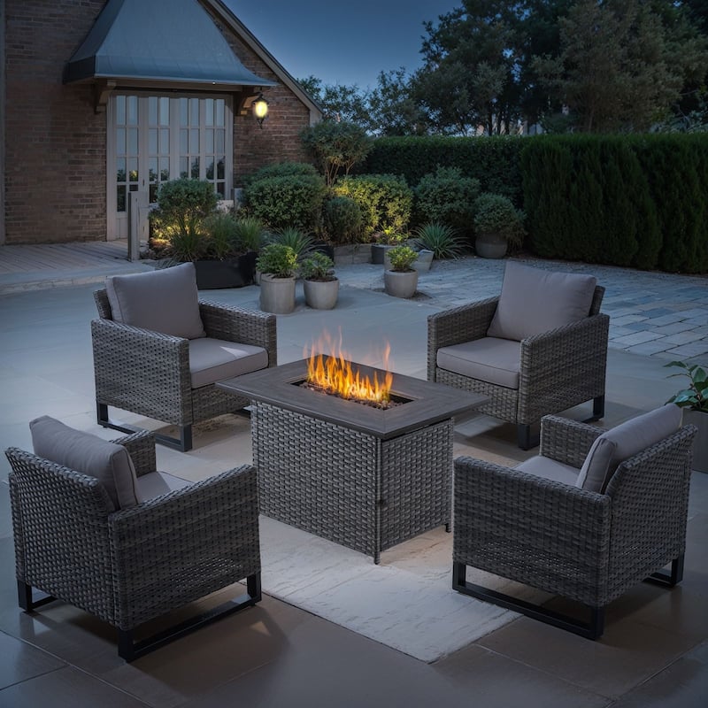 Outdoor Fire Pit Table with Patio Funiture - Grey Wicker Grey Cushion - 4 Patio Chair w/ Fire Table