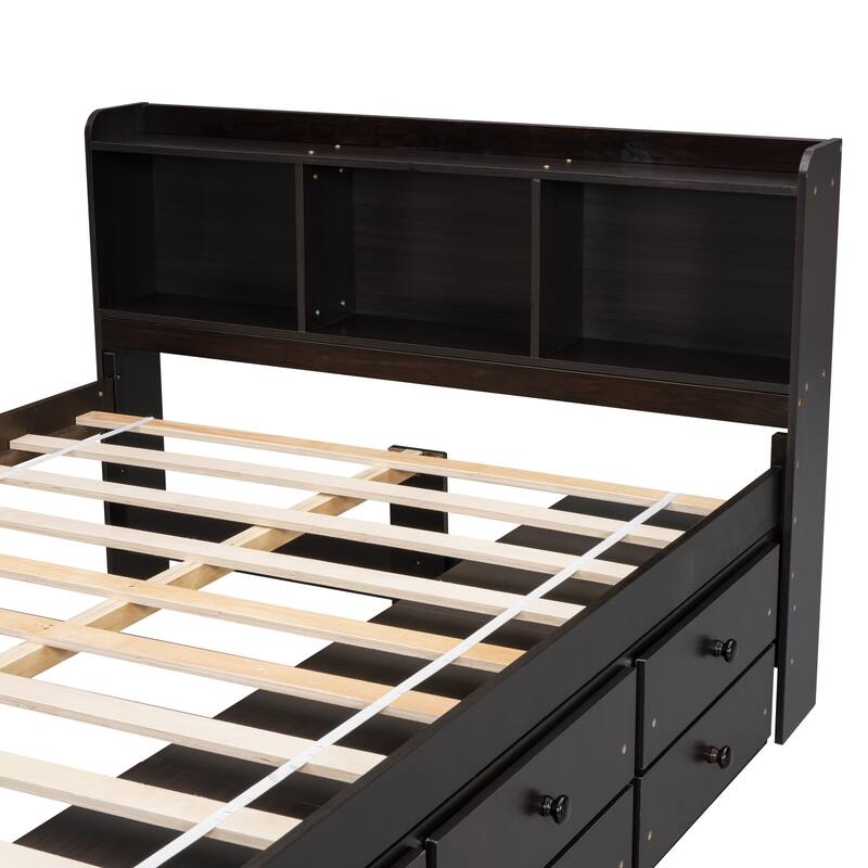 Bed with Bookcase Headboard and Under bed Storage Drawers