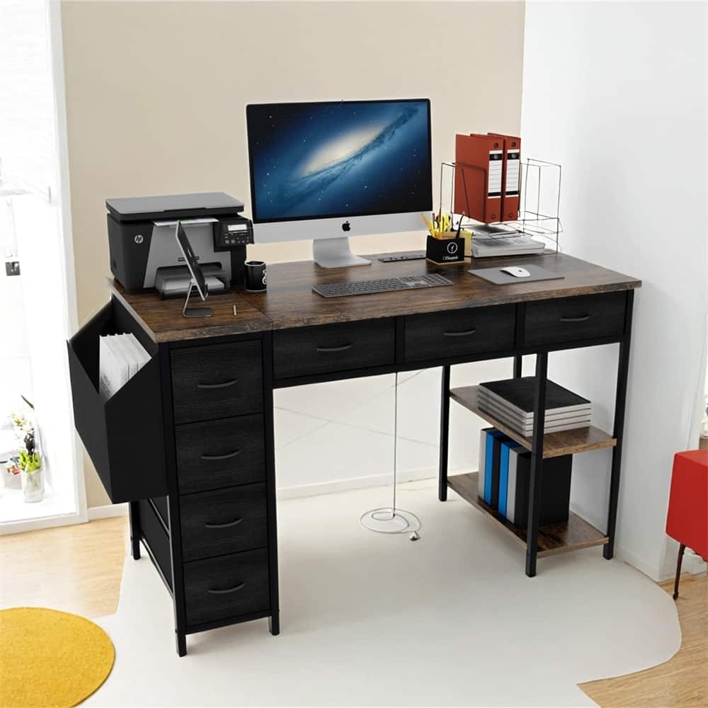 47" Computer Desk With Power Outlet,Writing Desk with 7 Fabric Drawers