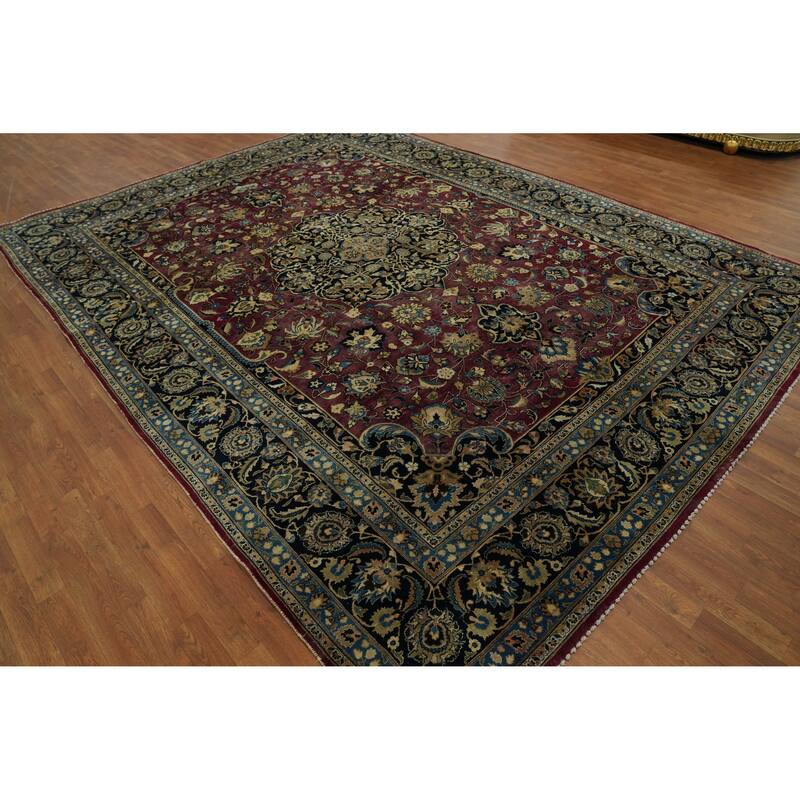 Hand Knotted Oriental 100% Wool Carpet Traditional Floral Red Mashad Area Rug - 13' 0'' X 9' 10''