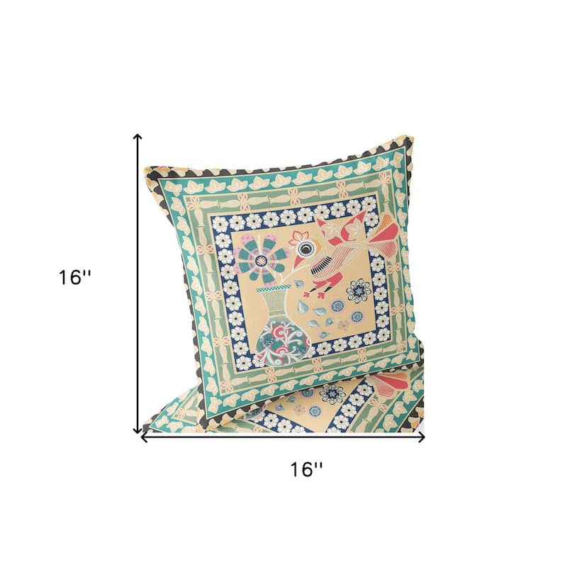 HomeRoots Set of Two 16" X 16" Green and Pink Peacock Blown Seam Floral Indoor Outdoor Throw Pillow - 16.00' X '16.00' X '5.00