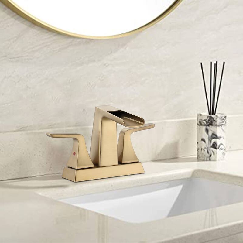 2 Handle Bathroom Sink Faucet with Waterfall Spout and Ceramic Drip Proof Cartridge, Adjust Water Volume and Temperature - Yellow