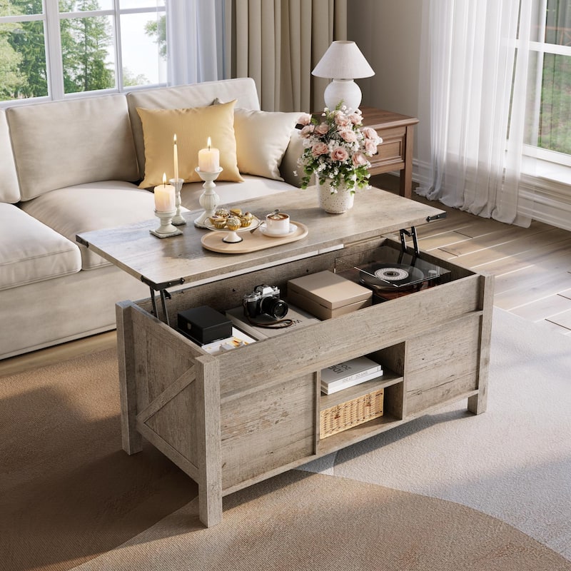 Farmhouse lift-top Coffee Table, Hidden Storage, Rustic Center Table