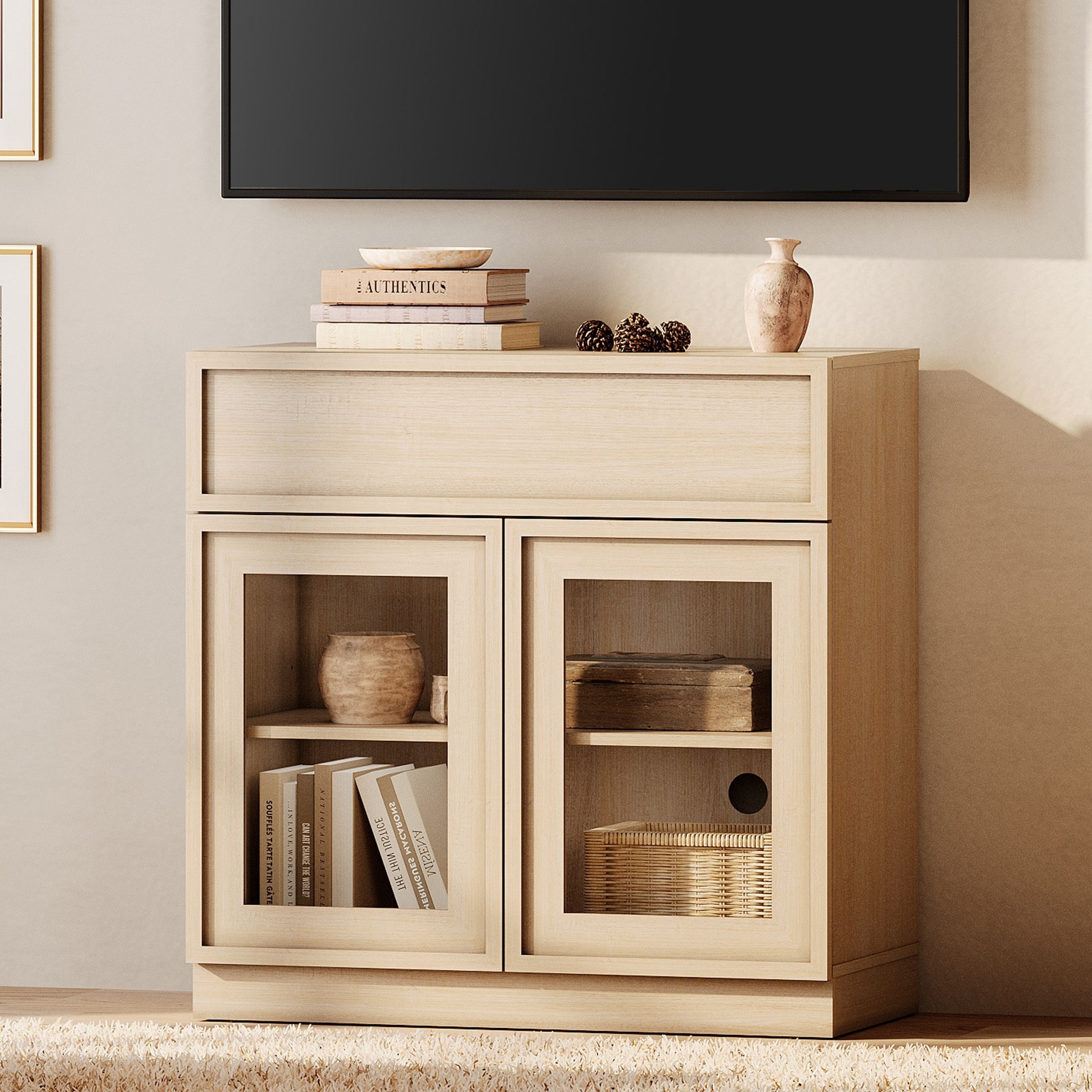 WAMPAT Modern TV Stand, Wooden Entertainment Center with 2 Glass Doors and Drawer, Media Console Cabinet with Adjustable Shelf