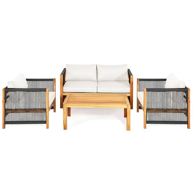 Costway 8PCS Wooden Patio Furniture Set Cushioned Sofa W/Rope Armrest