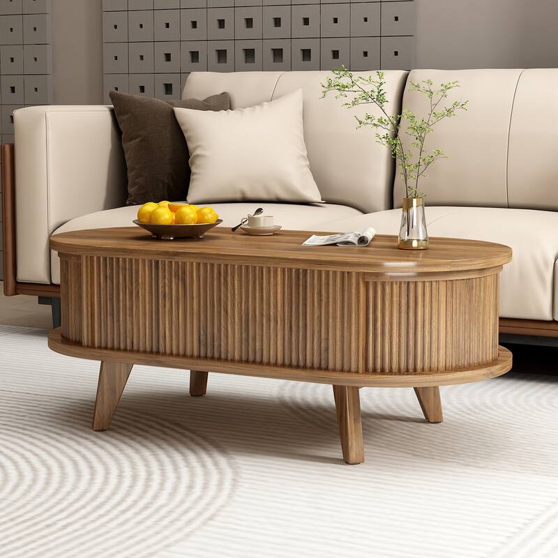 Fluted Lift Top Coffee Table with Hidden Compartment, Wooden Center Table, Modern Oval Lift Tabletop for Home Living Room