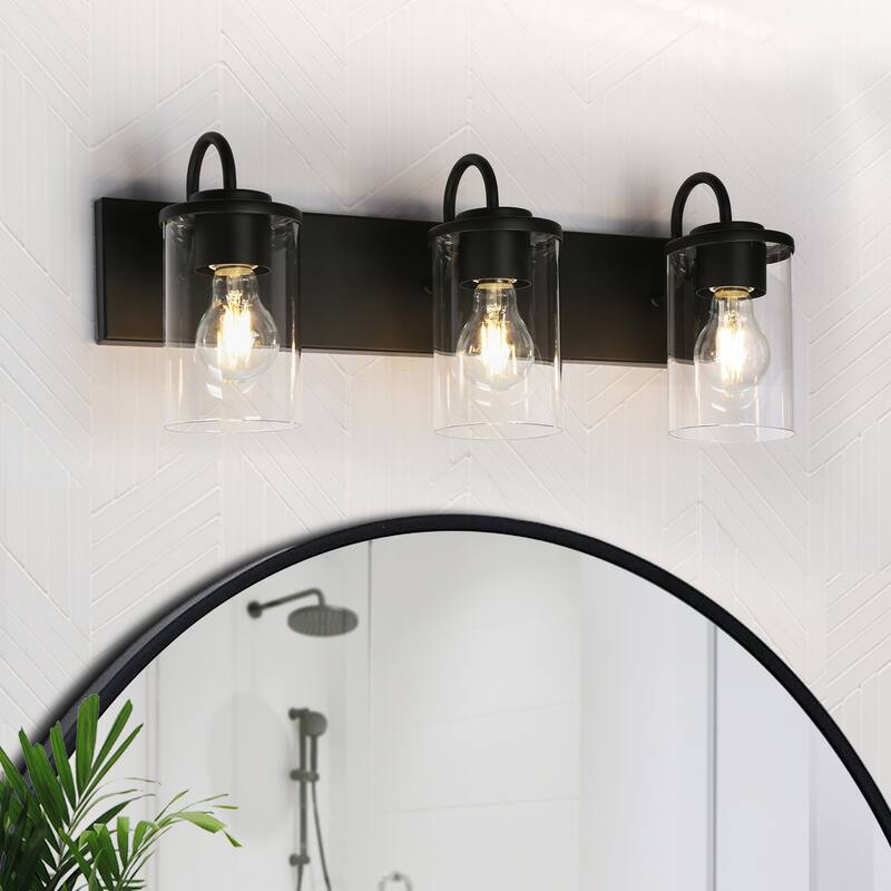 Modern Industrial 3-Light Bathroom Vanity Light Black Glass Wall Sconces - W 21.7" x D 3.9" x H 8.9"