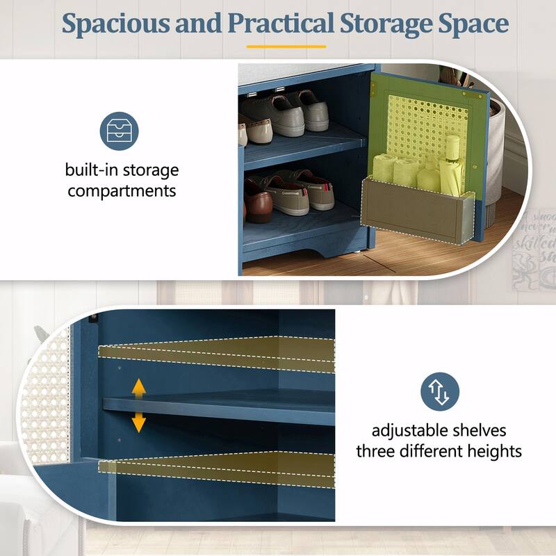 Rustic Storage Bench with Removable Cushion, Woven Rattan Doors & Adjustable Shelves