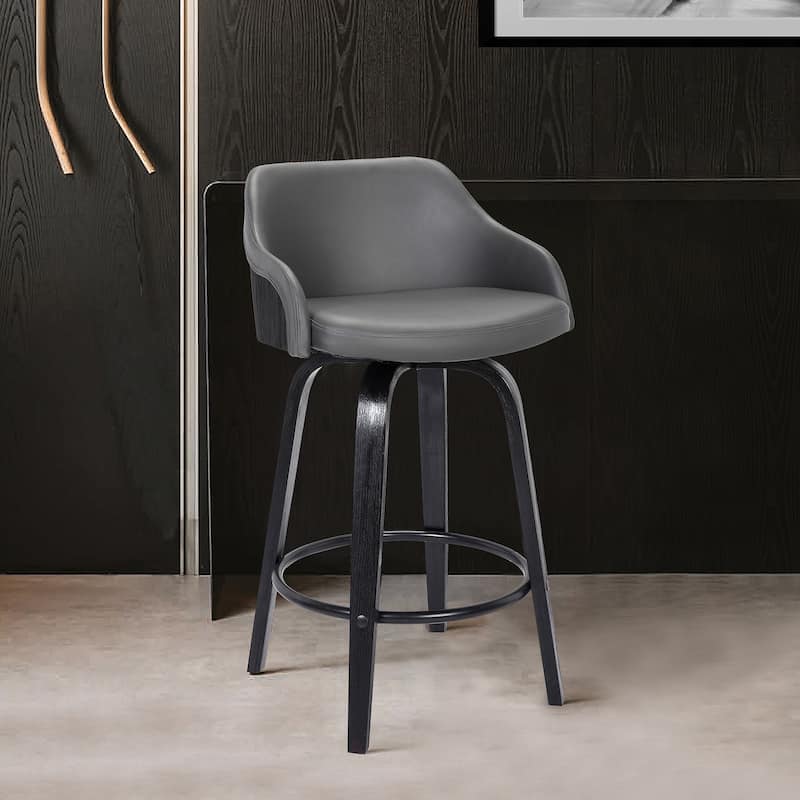 HomeRoots 26" Gray Swivel Faux Leather Black Wooden Bar Stool - 19.5 X 35 X 20.5