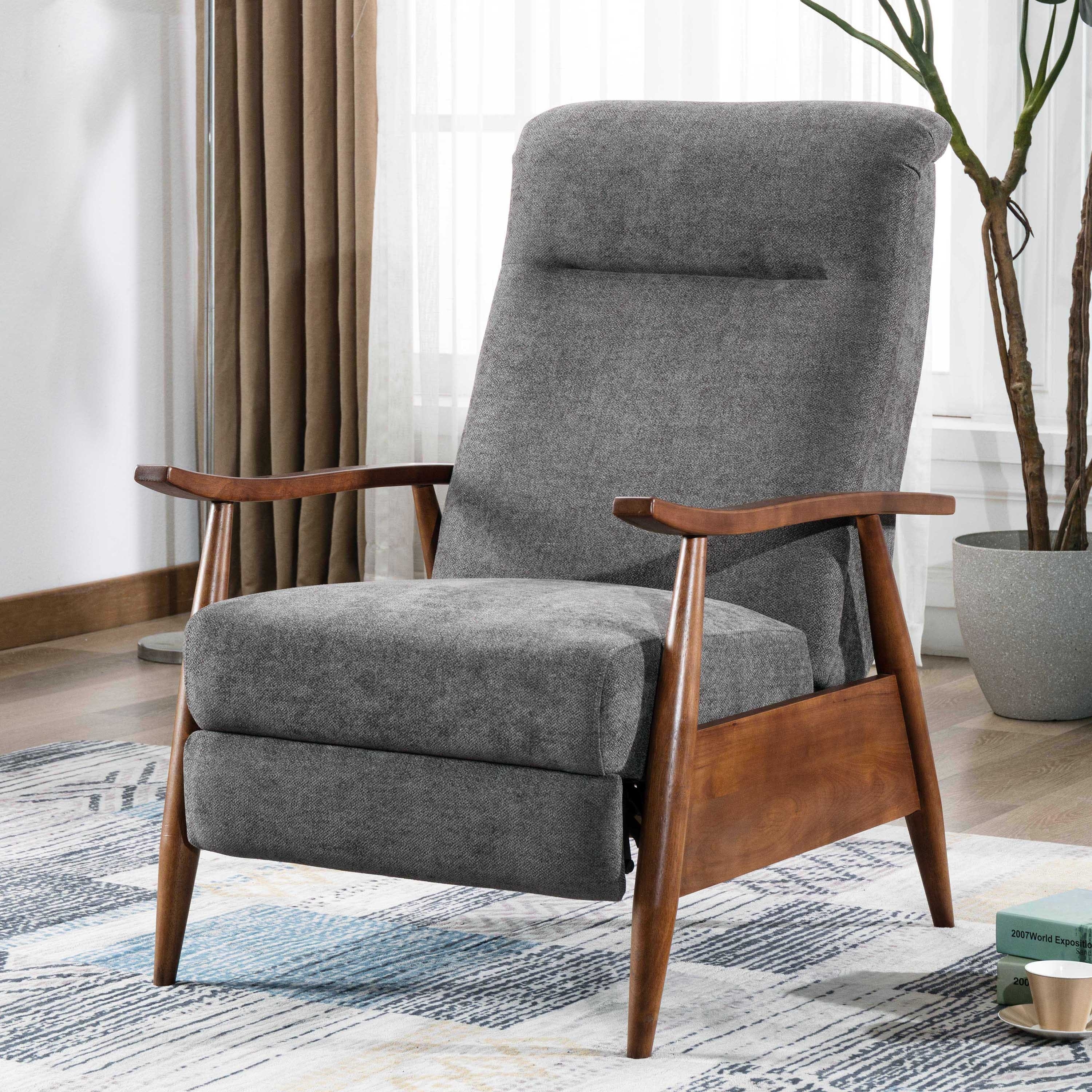 Sloan Wood Arm Push Back Recliner in Charcoal Polyester Fabric