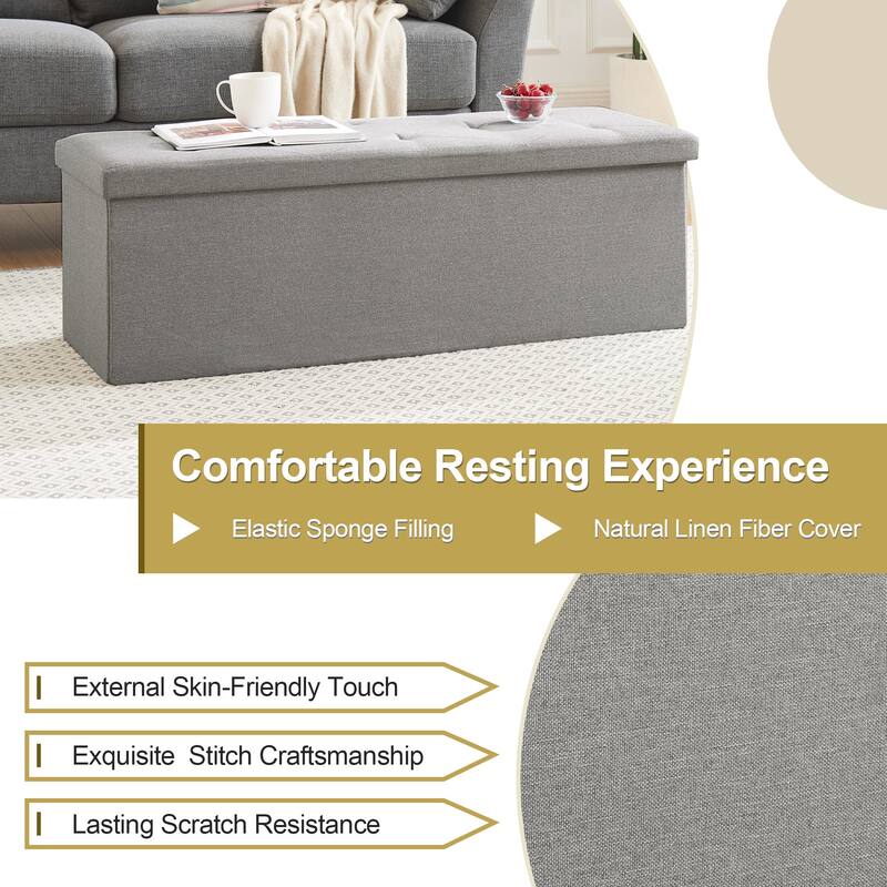 Javlergo 15" Foldable Storage Ottoman, Tufted Linen Foot Rest Stool/Seat Toy Chest