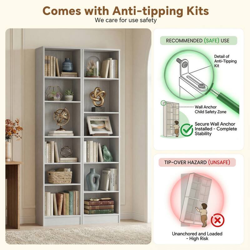 80"H Tall 6-Tier Bookcase With 2 Adjustable Shelves，Modern Open Storage Shelf for Home Office and Bedroom