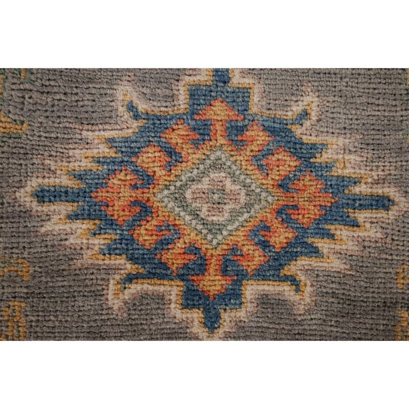 Grey Geometric Kazak Runner Rug Handmade Wool Carpet - 2'10" x 9'10"