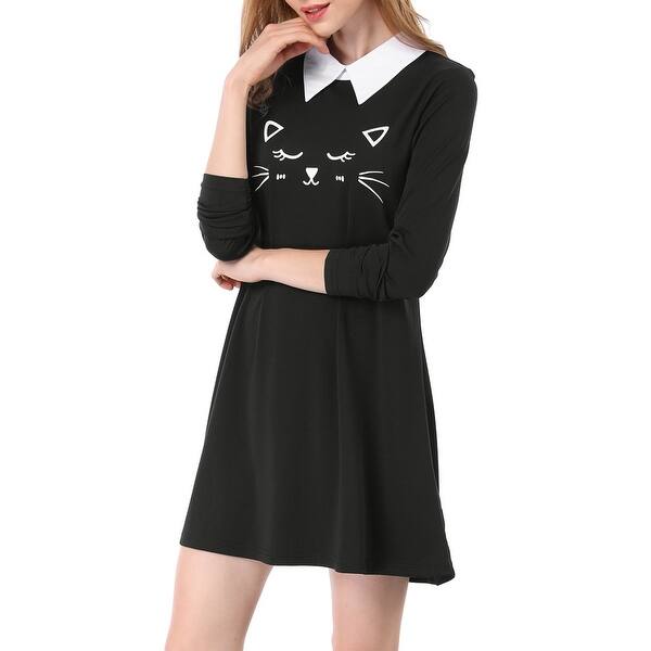 Shop Unique Bargains Women Cat Face Print Contrast Collar Flare Hem Above Knee Dress Overstock 23579805