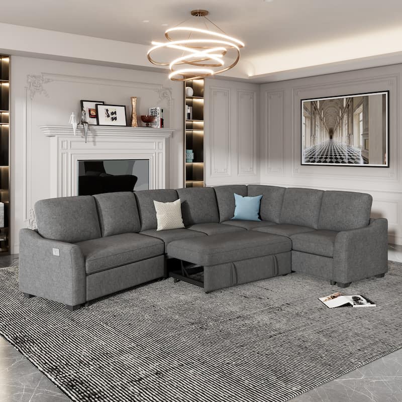 Sectional Sleeper Sofa with Pull-Out Bed Modern L-Shape Couch Bed with USB Charging Port - Gray