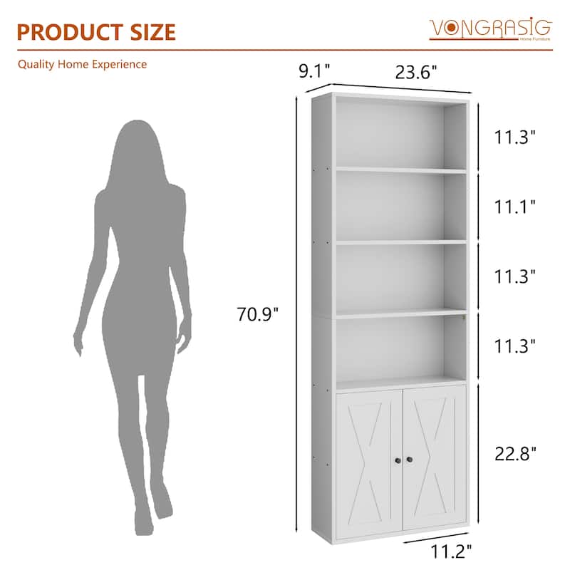 Farmhouse 6-Tier Open Bookcase and Bookshelf with Doors