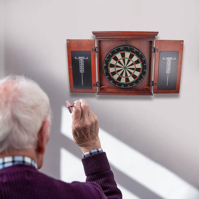 GSE™ Premium Solid Wood Dart Board Cabinet Set with Sisal/Bristle Dartboard and 6 Steel Tip Darts