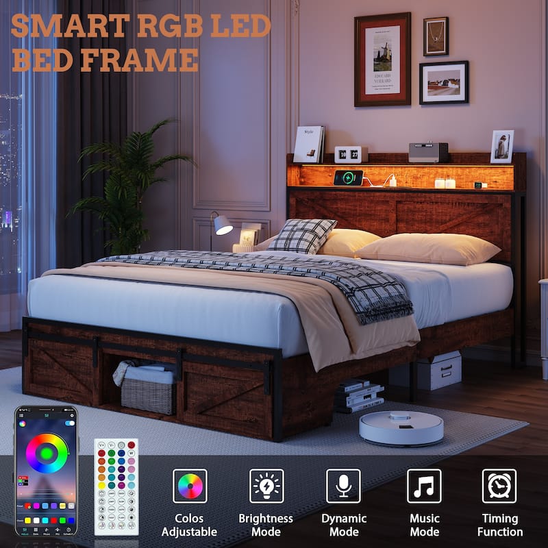 Noise-free Metal Bed Frame with Charging Station, Brown Platform Bed Frame with LED Headboard Storage Footboard