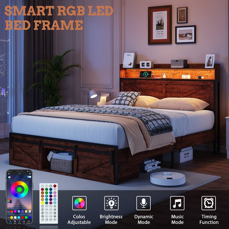 Queen/Full Bed Frame with Storage Headboard, Footboard Storage & LED Lights - Anti-Slip Noise-Free Metal Platform