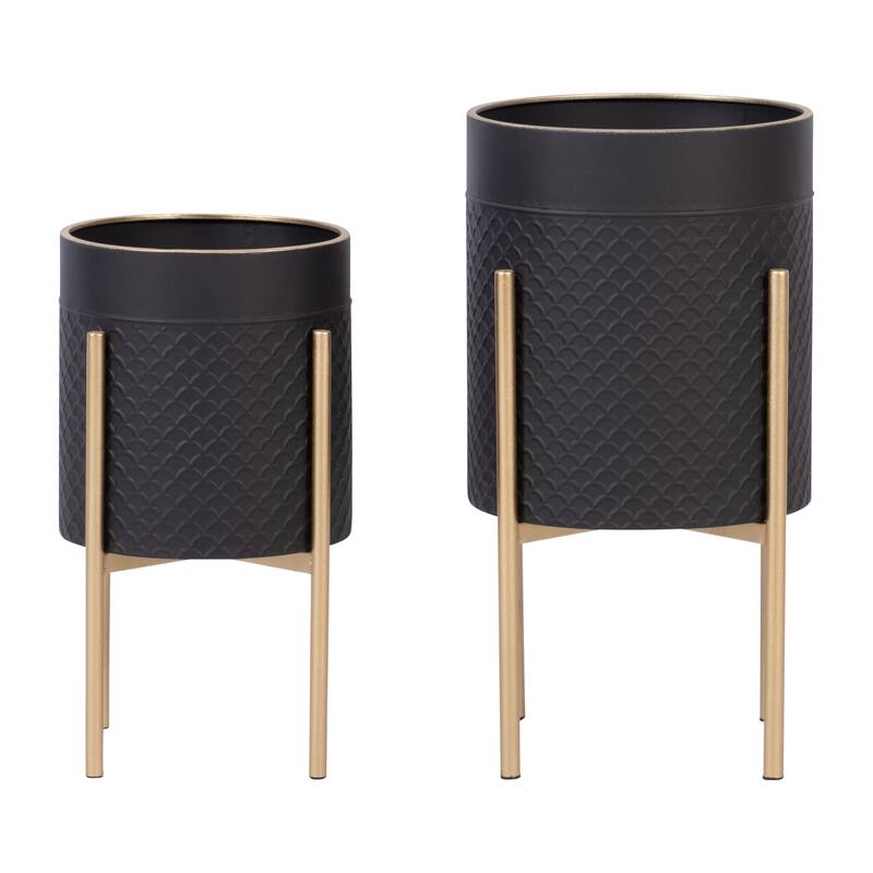 AZTEC PLANTER ON METAL STAND, BLACK/GOLD Set of 2