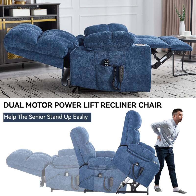 Oversized Chenille Power Lift Recliner with Dual Cup Holders