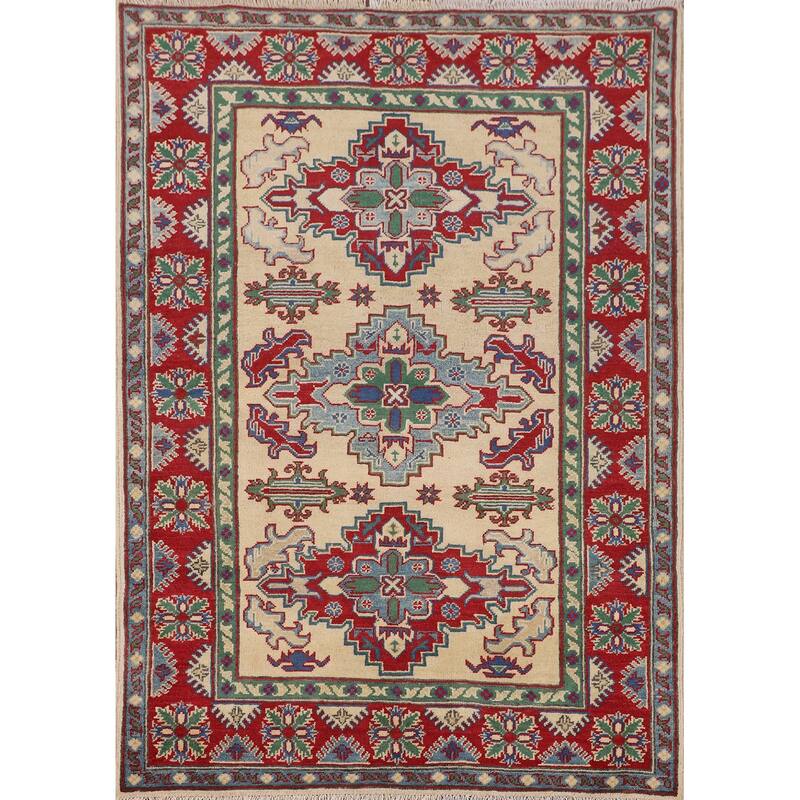 Kazak Yellow Oriental Accent Rug Hand-Knotted Wool Carpet - 4'1" x 5'7"