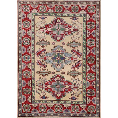 Kazak Yellow Oriental Accent Rug Hand-Knotted Wool Carpet - 4'1" x 5'7"