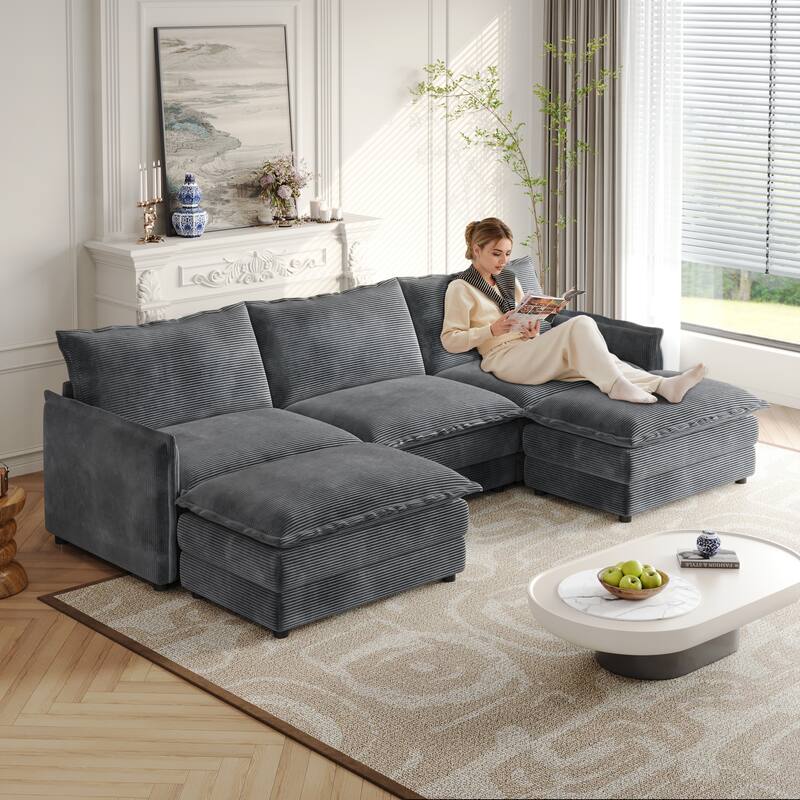 Corduroy Fabric 3-Seater Cloud Couch with 2 Movable Footrest,U Shaped Couch Set,Upholstered Deep Seat 2-Seat with 3 cushions - Grey