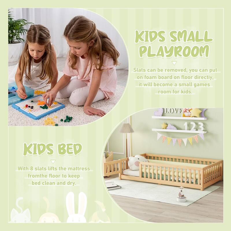 Twin/Full Size Floor Bed for Kids with Safety Guardrails and Door, Pine Wood, Low Profile Design