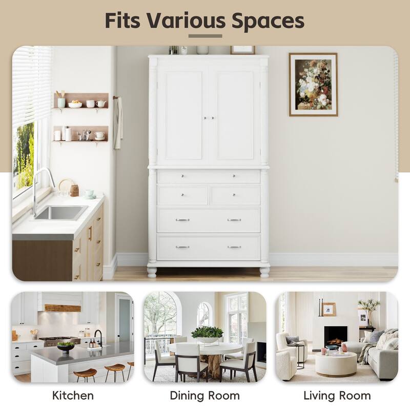 Large Freestanding Kitchen Pantry Cabinet, 77.3 Inch Tall Storage Cupboard with 6 Door Shelves and 5 Drawers