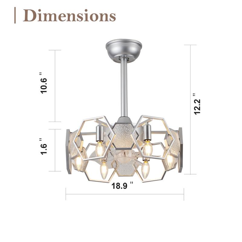 CurveCurio 20" Chandelier Ceiling Fan w Textured Glass Accent, 6 Lights Quiet DC Motor 6 Speed w Remote Control