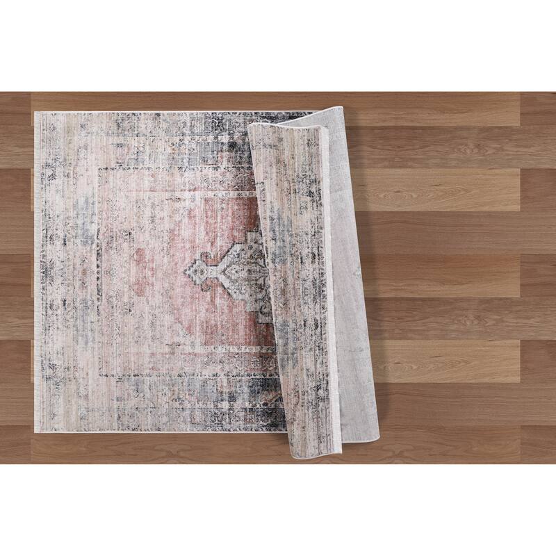 Anna Collection Traditional Beige/Red/Grey Area Rug