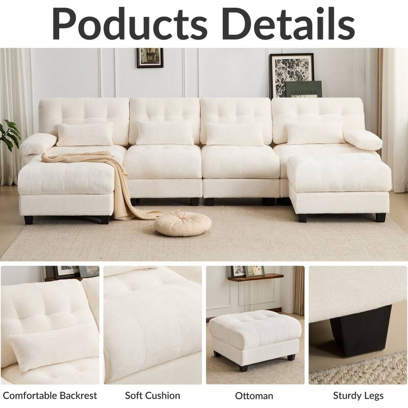 119" Chenille Sectional Sofa with 2 Ottomans and 4 Pillows, Adjustable Backrests
