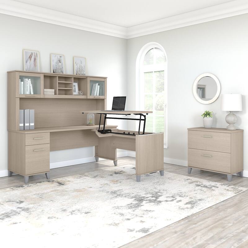 Somerset 72W Sit to Stand L Shaped Desk with Hutch and Cabinet in Gray