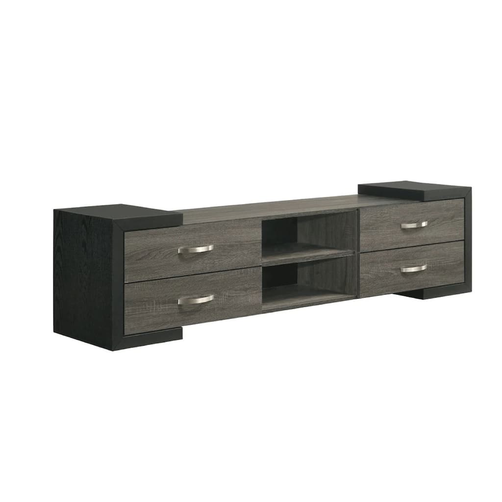 Teny TV Stand Media Cabinet, 70 Inch, 4 Drawers, Black Edge, Gray Wood