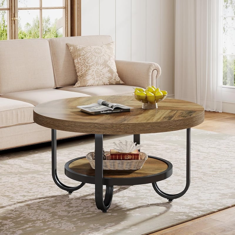 31.1 Inches Brown MDF Round Coffee Table, 2-Tier Industrial Center Table for Living Room - Brown