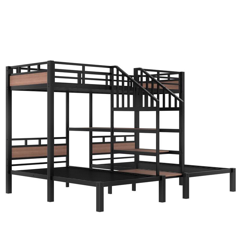 Triple Metal Bunk Bed with Storage Shelves and Stairs, Black