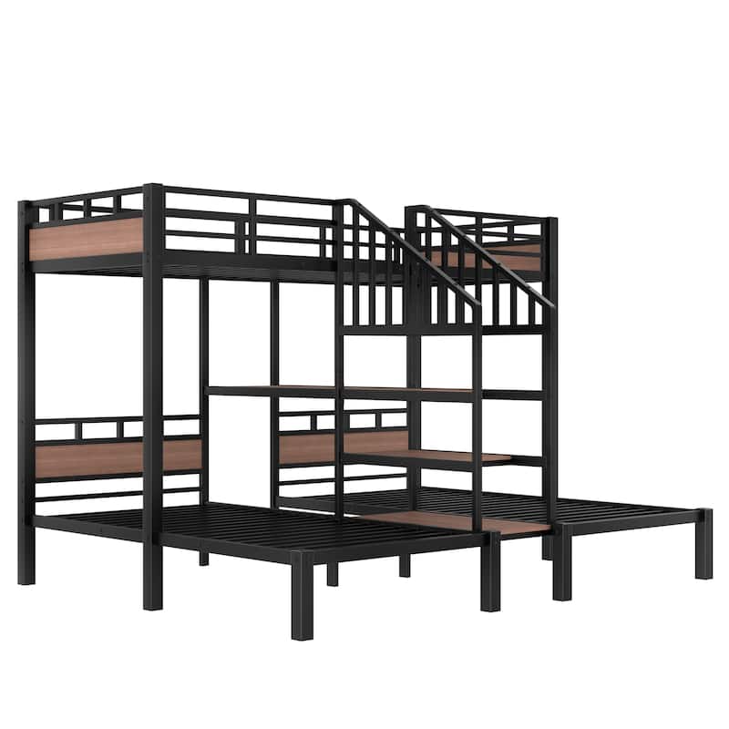 Twin Over Twin Over Twin Metal Bunk Bed ,Triple Metal Bunk Bed With Storage Shelves And Storage Stairs,Black