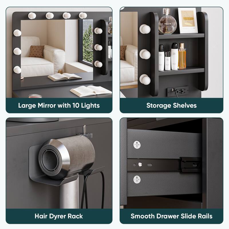Vanity Desk with Lights and Mirror, Makeup Table with Charging Station, Vanity Table Set with Drawers and Cabinet