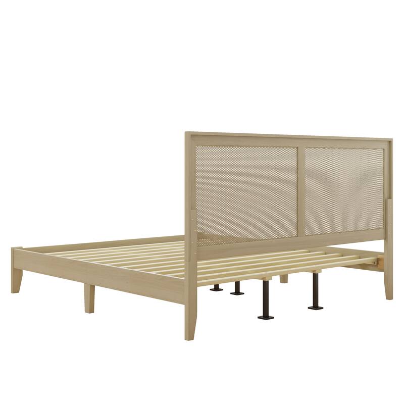 Roomfitters California King Platform Bed Frame with Rattan Headboard, Solid Wood Mid-Century Modern Mattress Foundation, Natural
