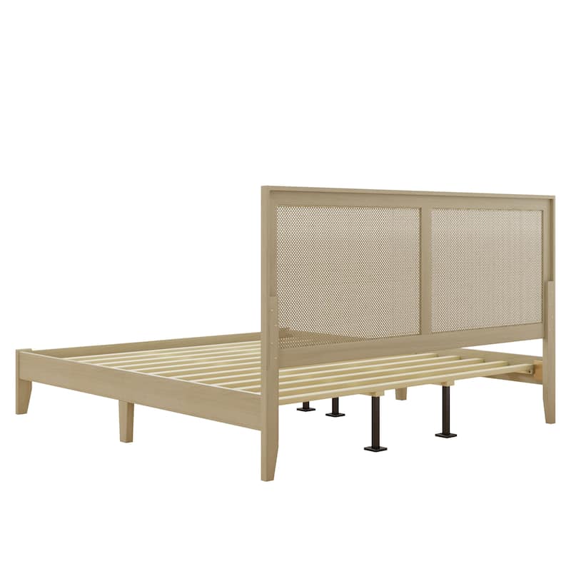 Solid Wood Platform Bed, Queen/King Bed Frame with Rattan Headboard