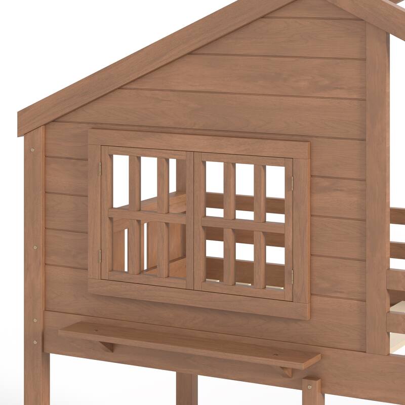 Full/Twin Bunk Bed with Bookshelf, House Design Loft Bed with Safety Fencing, High-Quality Kids Bed Frame