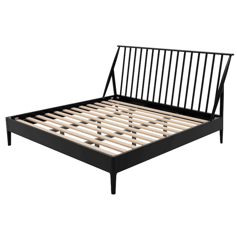 Bohemian Bamboo Spindle Platform Bed Frame with Wooden Slats and Metal Support, No Box Spring Needed, Low Profile Wingback Bed
