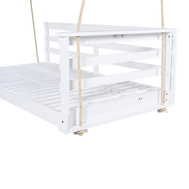 Country Patio Wooden Twin Size Swing Daybed Porch Swing Frame with 4pcs 96-inch Hemp Ropes for Backyard, Garden, White