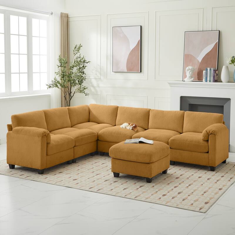 Corduroy Corner Sectional Sofas with a Removable Ottoman, L-shaped Reversible 7-seat Modular Couch